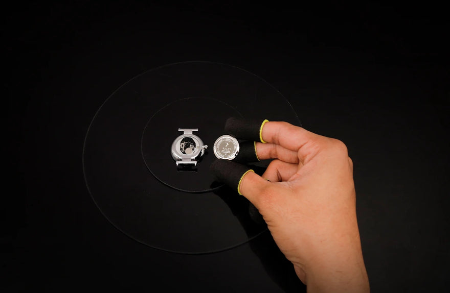 Sylvi Serene Black Silver Link watch caseback, combining protection with sleek aesthetics.