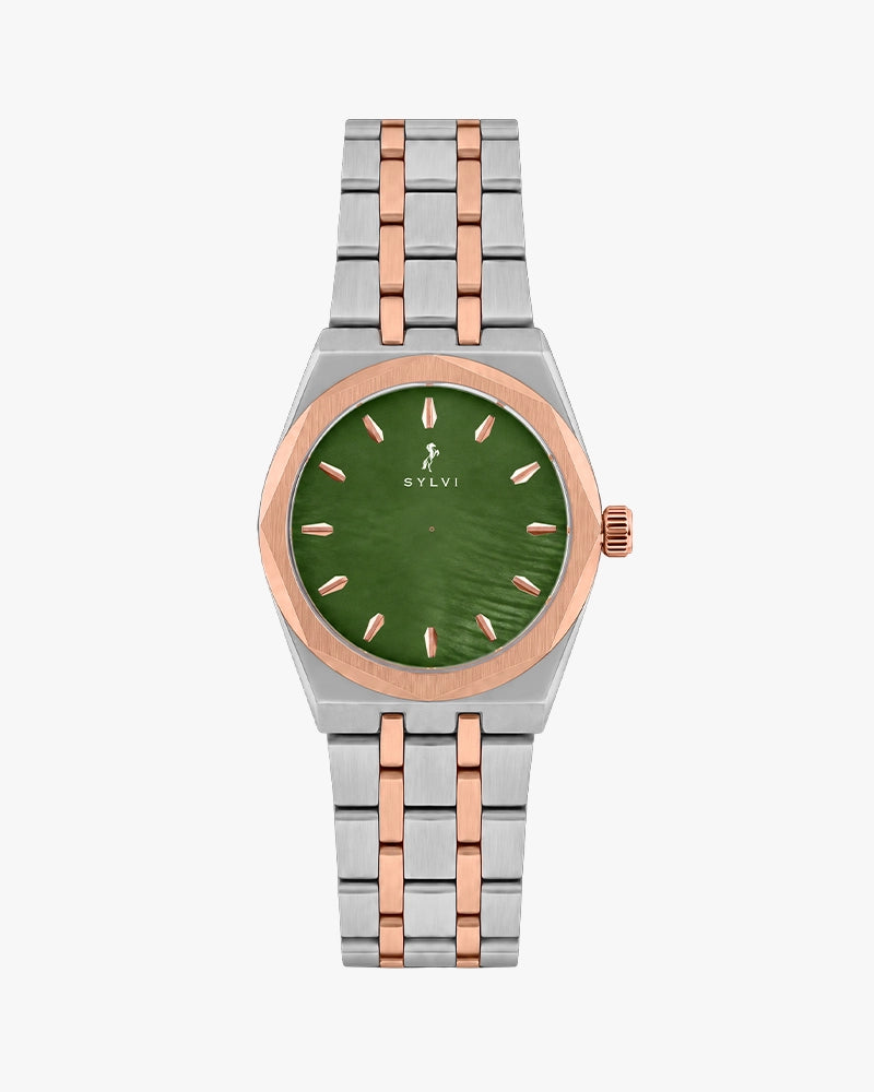 Sylvi Sia green rose gold silver steel women's watch – front view
