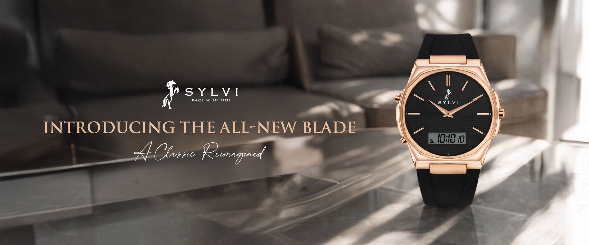Sylvi watch on a modern living room table with 'Introducing the All-New Blade' text.