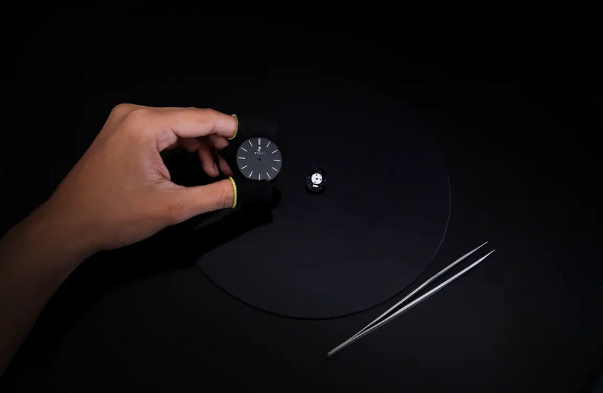 Specter black steel watch dial setup with clean layout and refined detailing