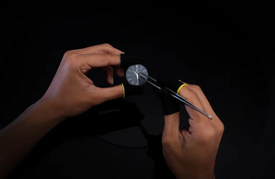 Specter black steel watch hands installation with refined detailing and balanced alignment