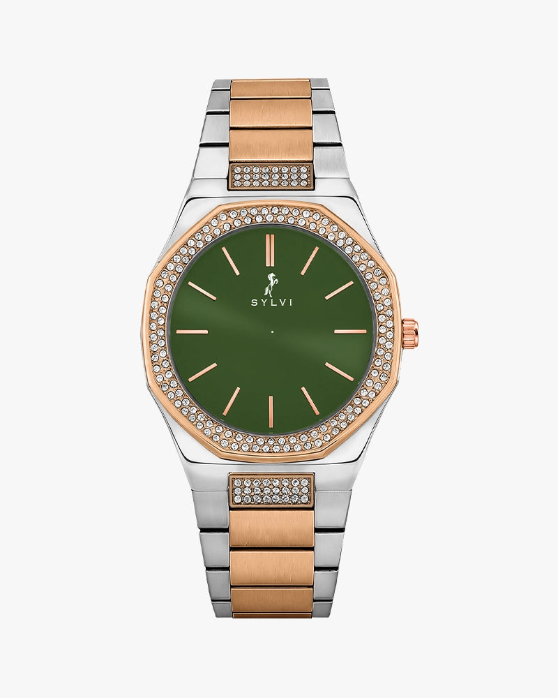 Sylvi Specter Crystal Green Gold Silver Stee Analog watch for men India
