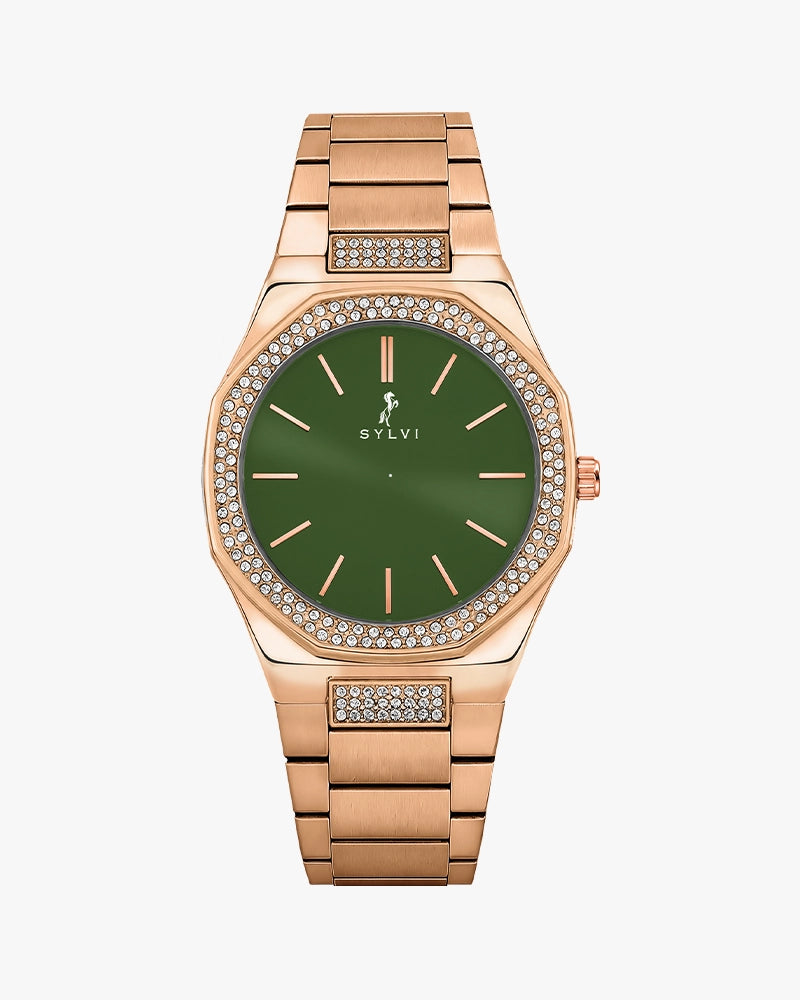 Sylvi Specter Crystal Green Rosegold Steel Analog watch for men India
