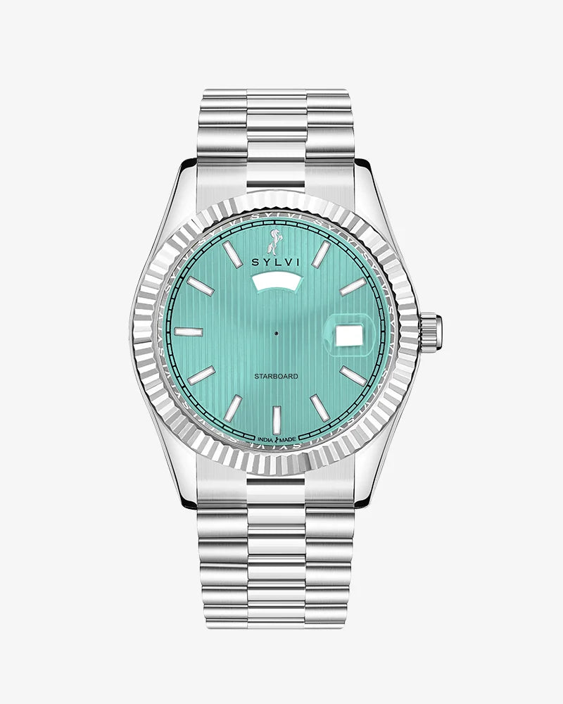 Sylvi Starboard blue dial men's analog watch with stainless steel strap – front view
