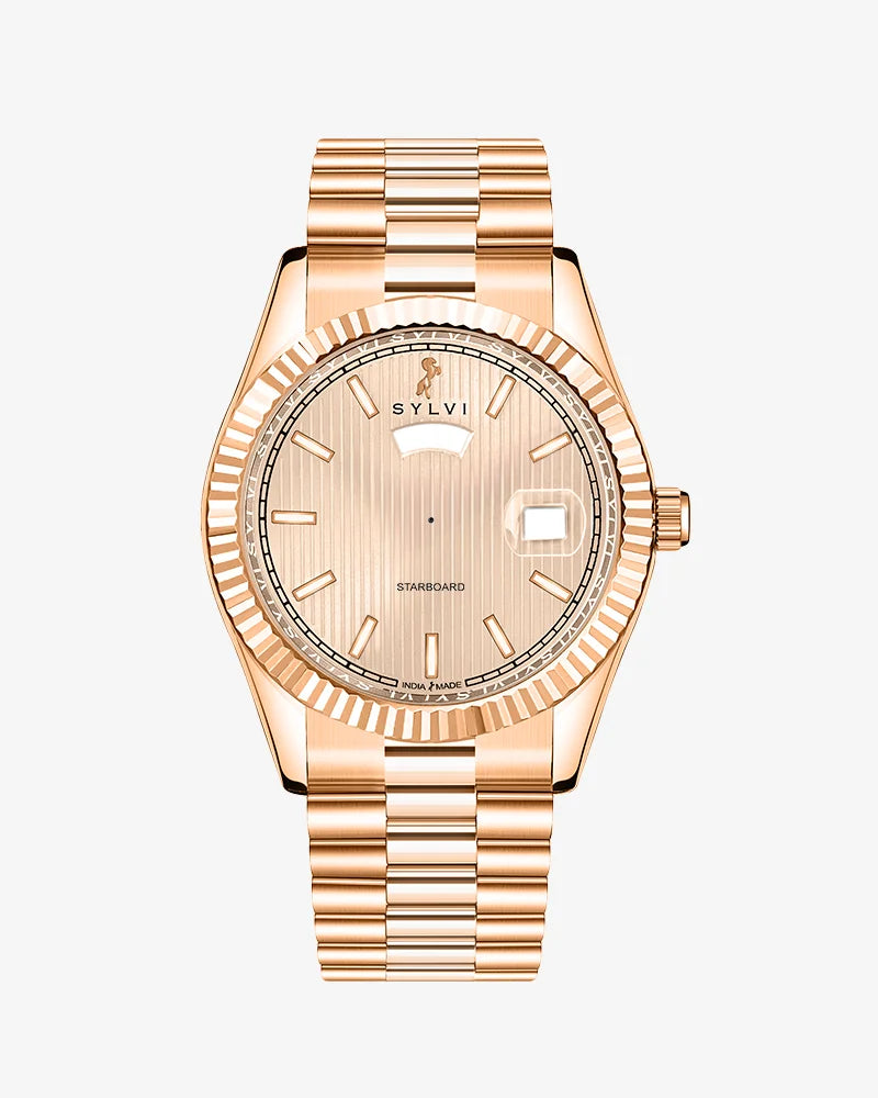 Sylvi Starboard rose gold dial men's analog watch with stainless steel strap – front view
