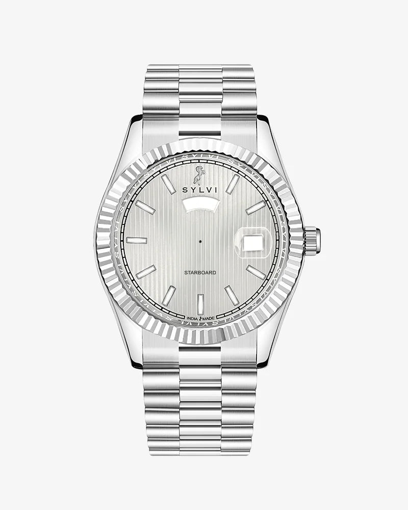 Sylvi Starboard white dial men's analog watch with stainless steel strap – front view
