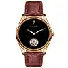 Wristwatch with brown leather strap and black face on a white background