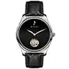 Black wristwatch with a detailed face on a white background
