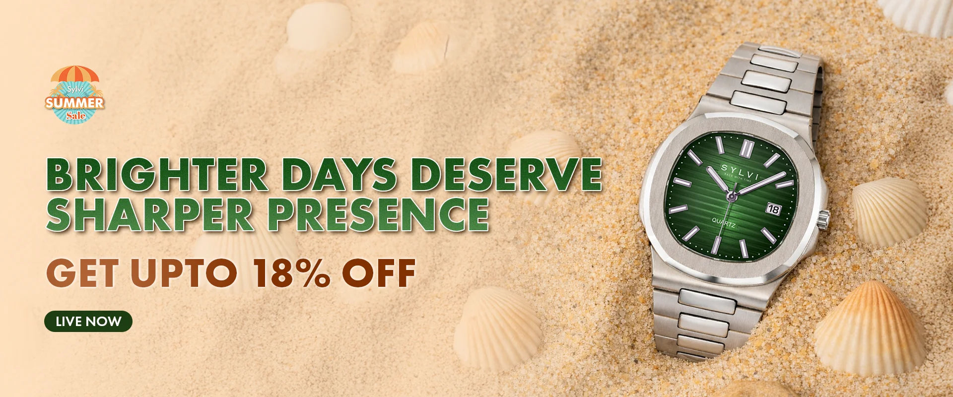 Sylvi summer sale banner featuring premium watches for men with refined design and modern luxury appeal