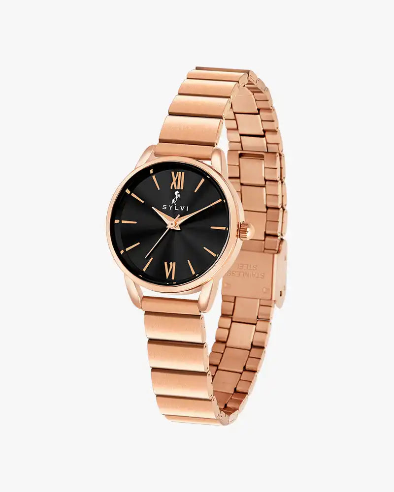 Dazzle Black Rose Link – Elegant Rosegold Watch for Women – Sylvi