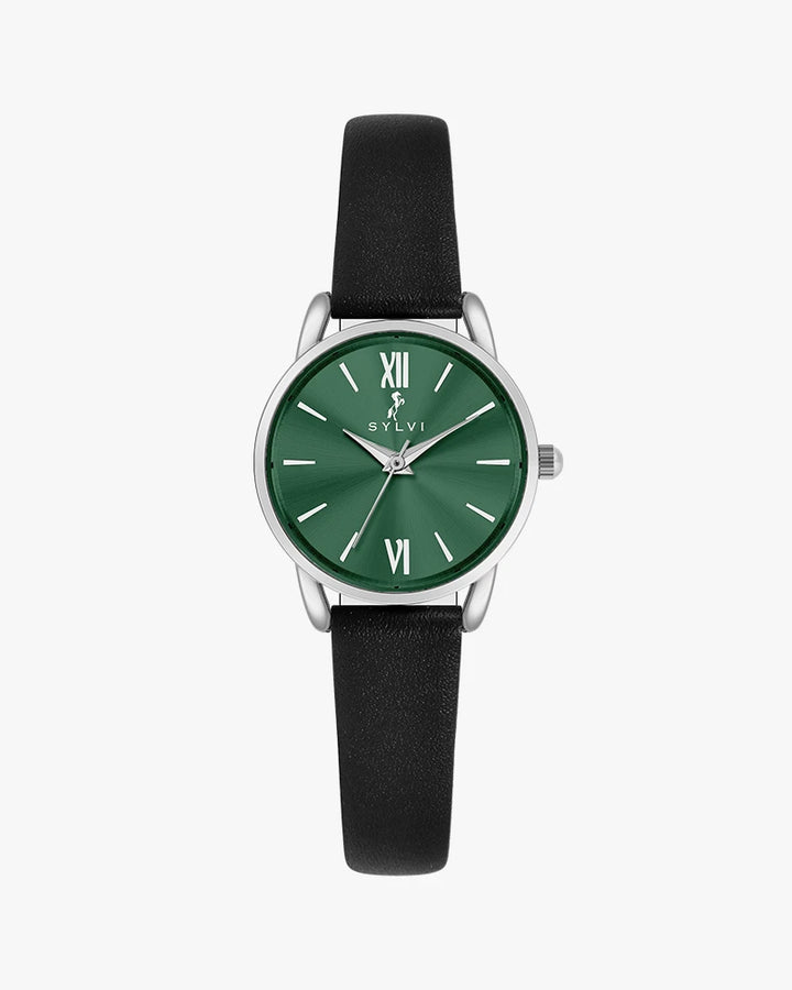 Watch with green dial and black strap
