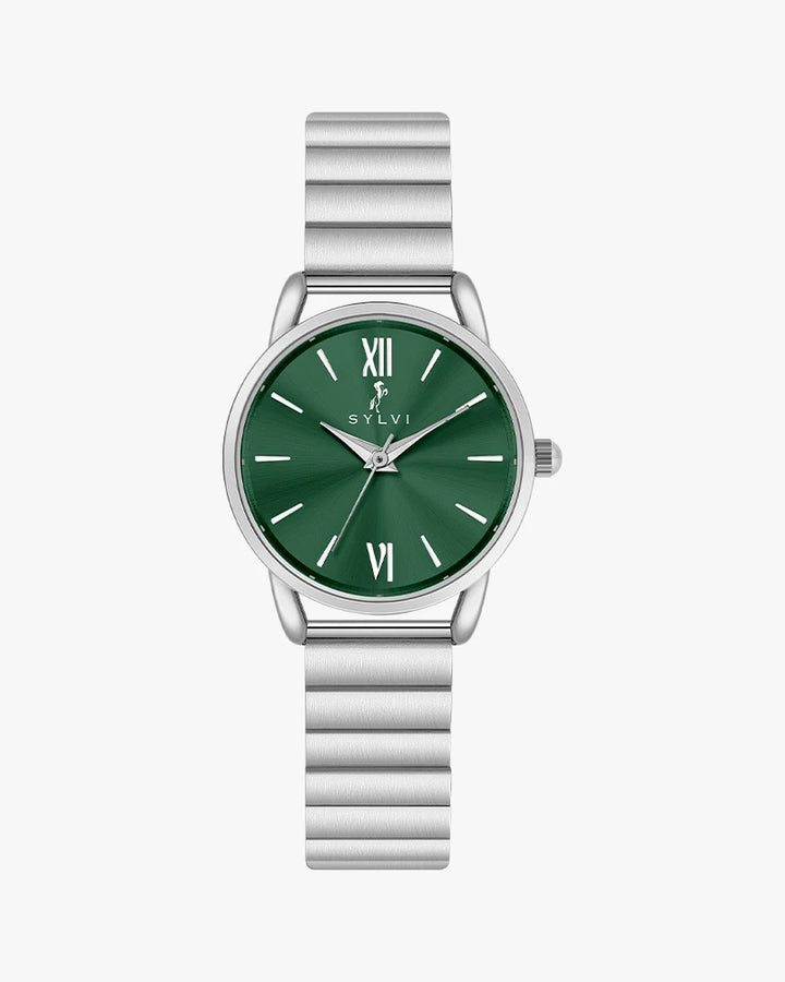 Silver watch with a green face on a white background
