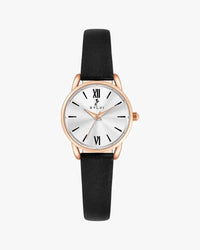 Watch with black strap and rose gold case