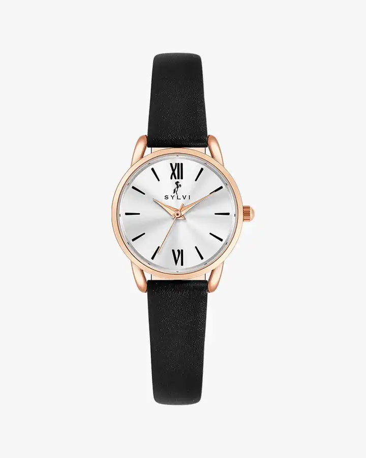 Watch with black strap and rose gold case
