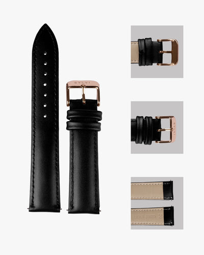 20mm Black Leather Rosegold Buckle Strap