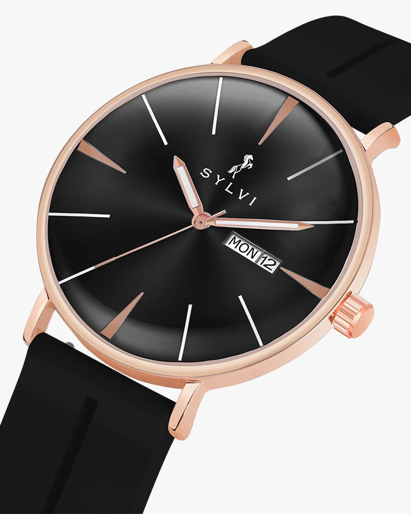 Sylvi Elegadoom Black-Rosegold-Black Silicone Strap Watch for Men