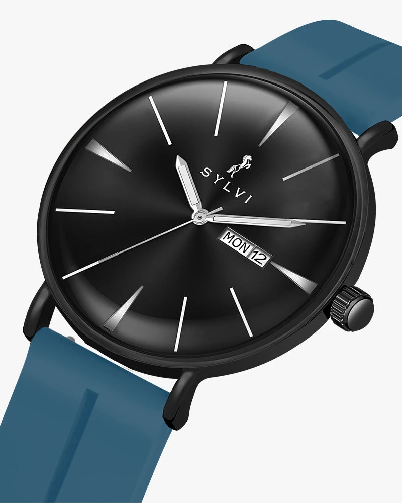 Sylvi Elegadoom Black-Black-Sky Blue Silicone Strap Watch for Men