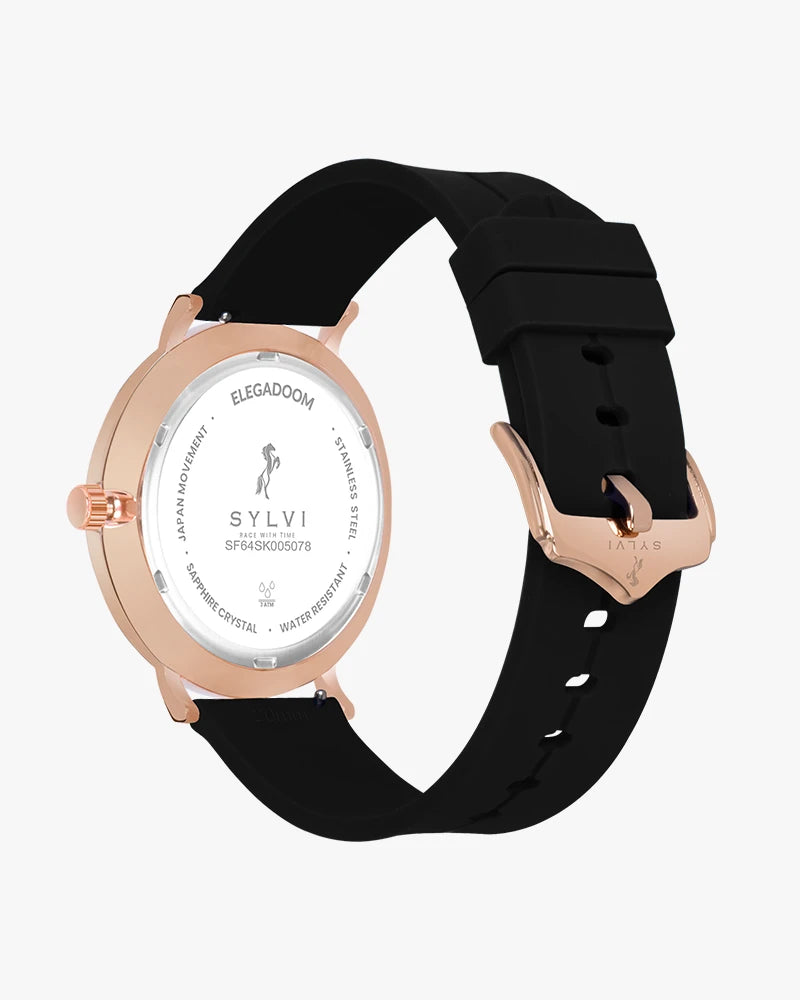 Sylvi Elegadoom White-Rosegold-Black Silicone Strap Watch for Men