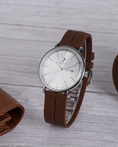 Sylvi Elegadoom White-Silver-Coffee Silicone Strap Watch for Men