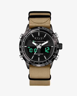 Stylish Sylvi Hawk wristwatch featuring a black and khaki nylon strap main image