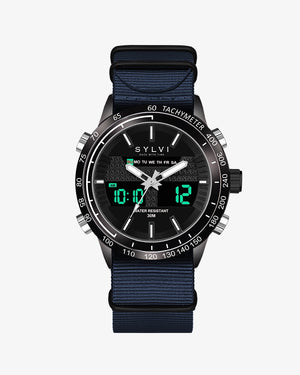 Sylvi's Hawk Black Navy Blue Nylon Watch designed for men and women