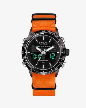 Sylvi's Hawk Black Orange Nylon Watch, a vibrant timepiece for all Main Image