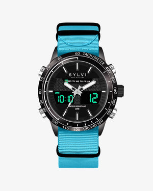 Sylvi's Hawk Black Sky Blue Nylon Watch merges style and elegance Front Angle Image