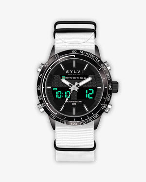 Sylvi Hawk wristwatch with black and white nylon strap Front Angle Image