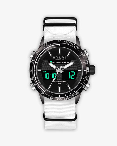 Sylvi Hawk wristwatch with black and white nylon strap Front Angle Image