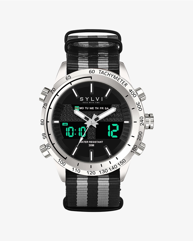 Sylvi Hawk wristwatch with grey and black nylon strap for men and women Shop Now