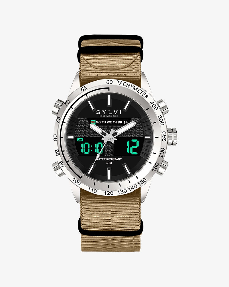Sylvi's Hawk Khaki Nylon Watch, a rugged timepiece for all.