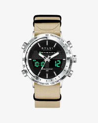 Sylvi watch with digital and analog display on a beige strap against a white background