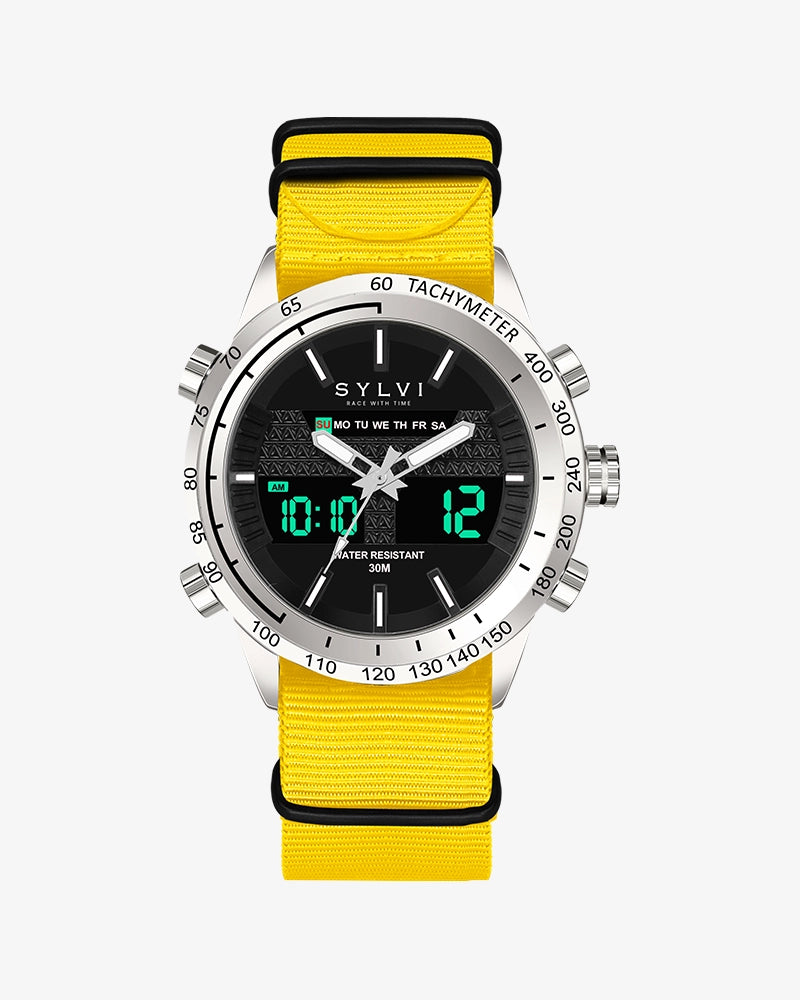 Sylvi's Hawk Yellow Nylon Watch designed for men and women