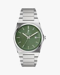 A silver stainless steel watch with a green dial and a metal bracelet, displayed against a white background.