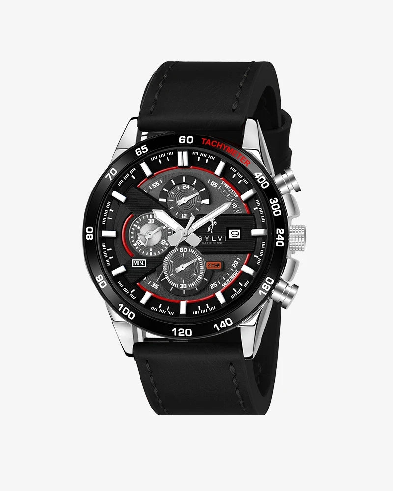 Sylvi Red Dial Chronograph Black Leather Watch - Explore Men's Wristwear