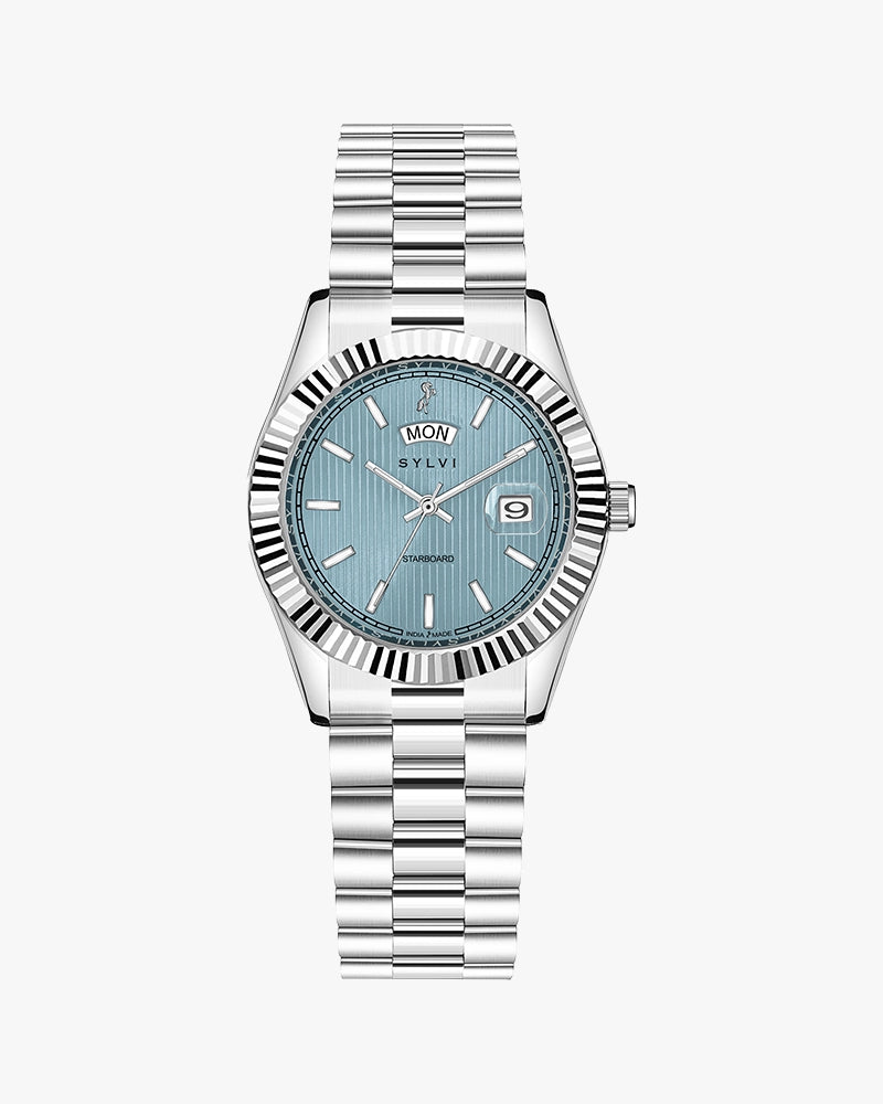 Sylvi Starboard Silver wristwatch with a blue face and date display