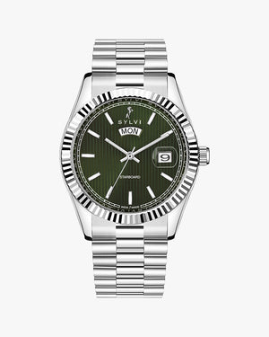 Sylvi Starboard Stainless steel wristwatch with a green dial, date display, and silver-tone bracelet