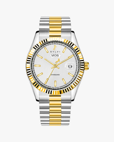 Sylvi Starboard White-Gold-Silver Analog Watch for Men with Date & Day Display