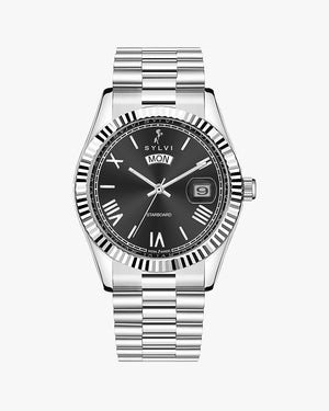Sylvi Starboard Solid Black Silver Watch for Men Front Angle Image