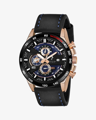 Sylvi Timegrapher Blue-Rosegold-Black Leather Strap Chronograph Watch for Men