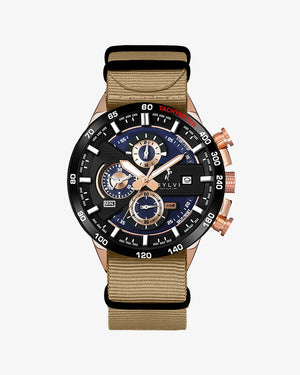 Sylvi Timegrapher Khaki Nylon Strap Rosegold Chronograph Watch Front Angle Image