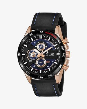 Sylvi Timegrapher Black Leather Strap Rosegold Chronograph Watch Front Angle Image