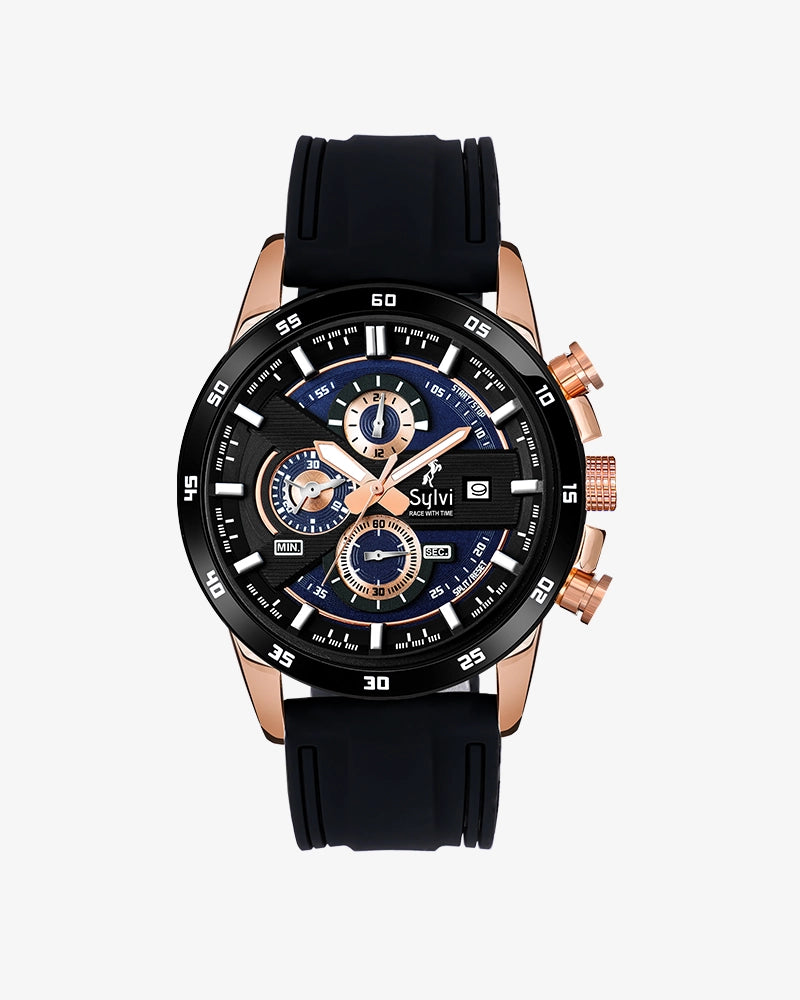 Sylvi Timegrapher Rosegold Case Chrono Watch with Black PU Strap Front Angle Image