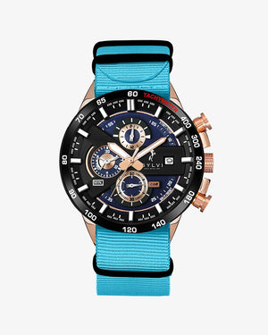 Sylvi Timegrapher Rosegold Sky Blue Fabric Strap Watch Main Image