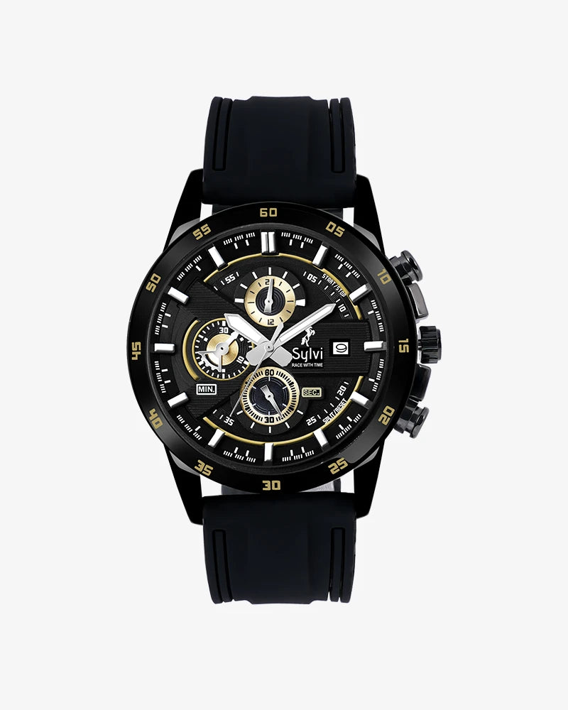 Sylvi Timegrapher Golden PU Strap Watch with Working Chrono Subdials