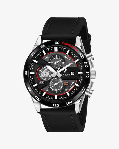 Sylvi Timegrapher Red-Silver-Black Leather Strap Chronograph Watch for Men