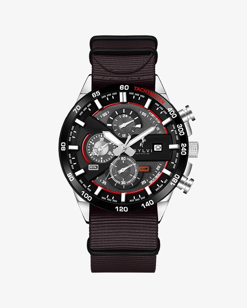 Sylvi Timegrapher Silver Watch with Coffee Nylon Belt
