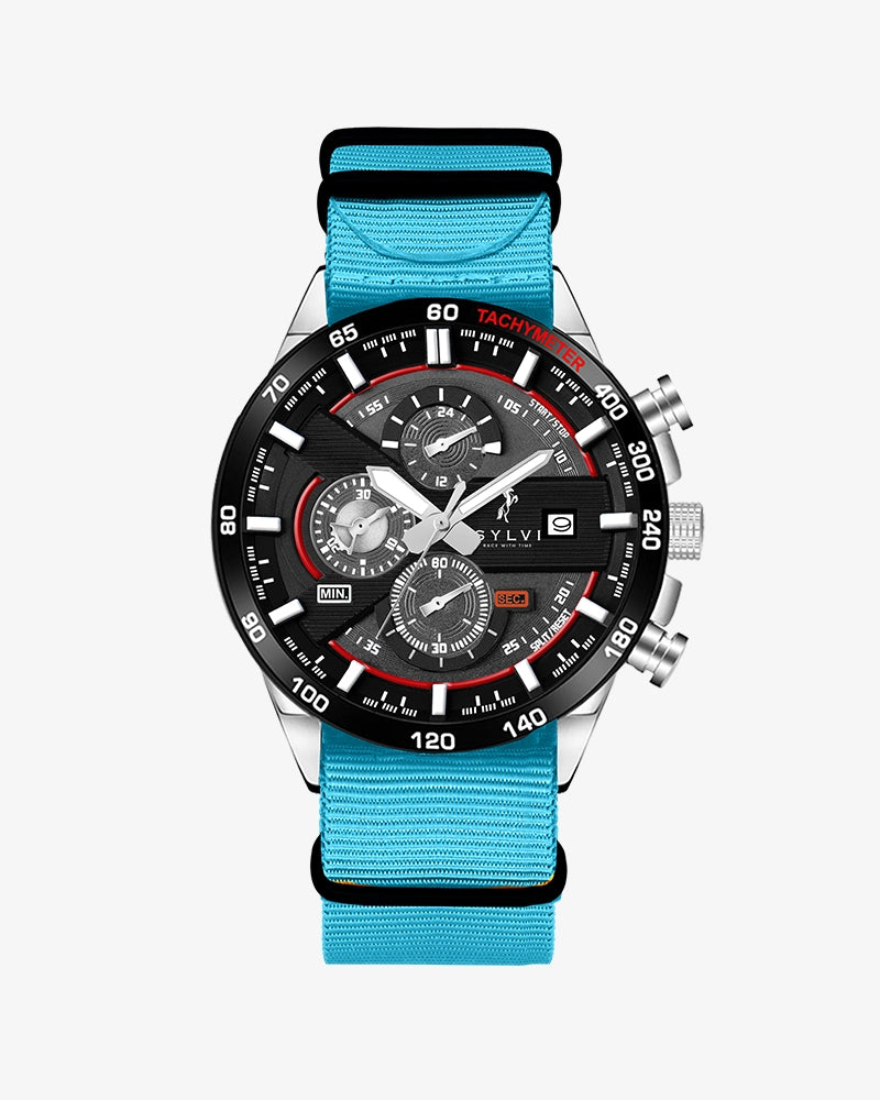 Sylvi Chronograph Watch with Sky Blue Nylon Nato Strap