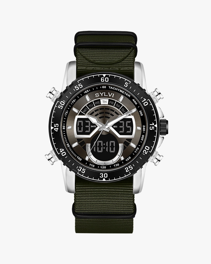 Sylvi Velocity Analog Digital Watch with Green Fabric Strap