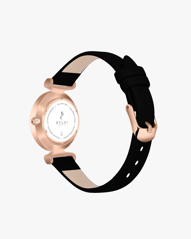 Sylvi Velvetine Black-Rosegold-Black Leather Strap Watch for Women